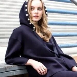 JOH - Navy Hooded Coat with Pearl Accents - Navy